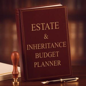 May include: A dark maroon hardcover book titled ESTATE & INHERITANCE BUDGET PLANNER in gold lettering. Beside the book sits a wooden wax seal stamp with a brass base and a black fountain pen with gold accents, positioned on a dark wooden surface.