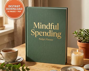 May include: A dark green hardback budget planner with gold embossed text that reads Mindful Spending Budget Planner. An orange circular badge in the upper left corner contains the white text INSTANT DOWNLOAD 10 PAGES PDF.