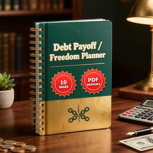 May include: A dark green and gold spiral-bound planner titled Debt Payoff / Freedom Planner. The cover features two red starburst icons with the text 10 PAGES and PDF PRINTABLE, and a graphic of a broken chain in the centre.