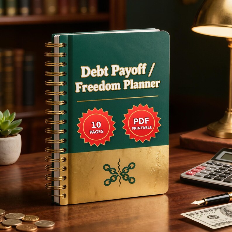 May include: A dark green and gold spiral-bound planner titled Debt Payoff / Freedom Planner. The cover features two red starburst icons with the text 10 PAGES and PDF PRINTABLE, and a graphic of a broken chain in the centre.