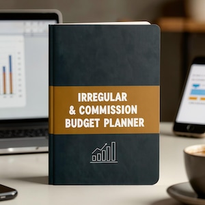 Op de afbeelding: Een donkerblauwe budgetplanner met harde kaft en een brede horizontale gouden band in het midden. De tekst luidt IRREGULAR & COMMISSION BUDGET PLANNER in witte hoofdletters, met daaronder een wit lijndiagram-icoon van een staafgrafiek.