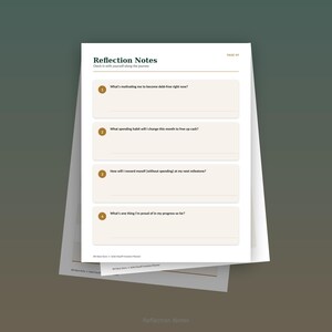 May include: A white paper sheet titled Reflection Notes with the subtitle Check in with yourself along the journey. It features four numbered prompts in tan boxes with lines for writing, labelled Debt Payoff Freedom Planner at the bottom.