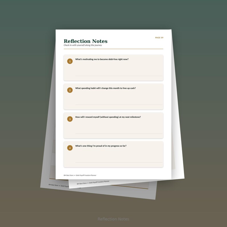 May include: A white paper sheet titled Reflection Notes with the subtitle Check in with yourself along the journey. It features four numbered prompts in tan boxes with lines for writing, labelled Debt Payoff Freedom Planner at the bottom.