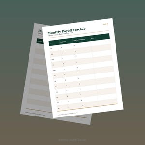 May include: A white paper Monthly Payoff Tracker sheet with dark green headers and beige rows. The table includes columns for Month, Total Paid, Total Debt Remaining, and Notes, with text listing months from Jan to Dec for debt tracking.
