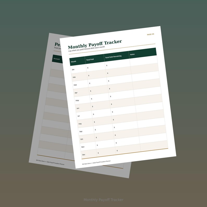 May include: A white paper Monthly Payoff Tracker sheet with dark green headers and beige rows. The table includes columns for Month, Total Paid, Total Debt Remaining, and Notes, with text listing months from Jan to Dec for debt tracking.