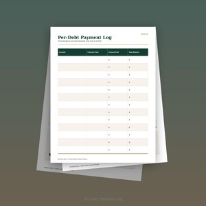 May include: A white Per-Debt Payment Log sheet with dark green headers for Account, Payment Date, Amount Paid, and New Balance. The table features alternating light beige rows for tracking debt progress, with the text Page 04 at the top right.