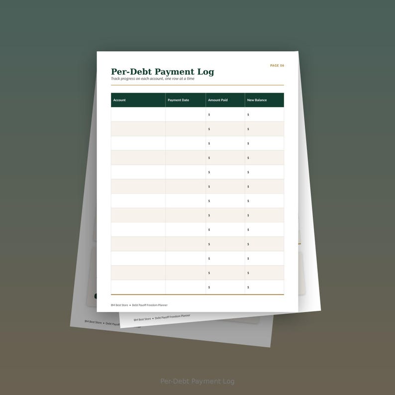 May include: A white Per-Debt Payment Log sheet with dark green headers for Account, Payment Date, Amount Paid, and New Balance. The table features alternating light beige rows for tracking debt progress, with the text Page 04 at the top right.