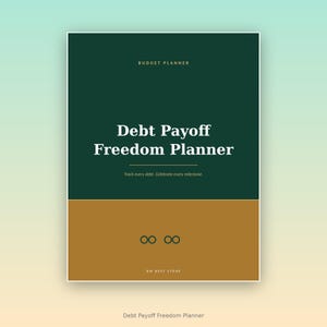 May include: A rectangular budget planner with a dark green top section and a mustard yellow bottom section. The text reads: BUDGET PLANNER, Debt Payoff Freedom Planner, Track every debt. Celebrate every milestone., and BM BEST STORE.