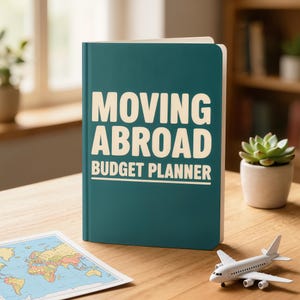 May include: A teal-colored hardcover budget planner with the white text "MOVING ABROAD BUDGET PLANNER" printed on the front cover. The planner is positioned upright, featuring a clean, minimalist design with rounded corners on the front cover.