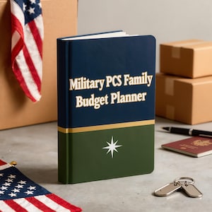 May include: A hardcover book titled Military PCS Family Budget Planner with a dark blue upper half and an olive green lower half, separated by a gold horizontal line. A white star icon is centered on the green section of the book cover.