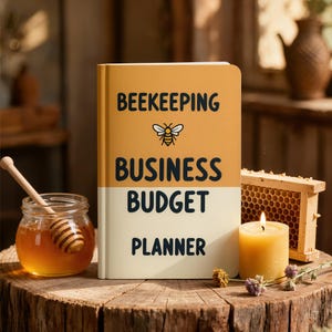 May include: A hardcover planner with a two-tone yellow and cream cover featuring the text BEEKEEPING BUSINESS BUDGET PLANNER in black letters and a small bee illustration centered between the words BEEKEEPING and BUSINESS.