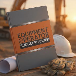 May include: A gray and orange planner with the text EQUIPMENT OPERATOR HEAVY BUDGET PLANNER on the cover. The planner is positioned next to a white hard hat, a pair of tan work gloves, and a rolled white paper document on a dirt surface.