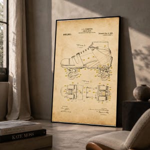 May include: A framed vintage patent print on aged paper featuring a technical line drawing of a J.L. Plimpton skate. The document displays two views of the skate, labeled Fig 1 and Fig 2, with detailed annotations, reference numbers, and text.