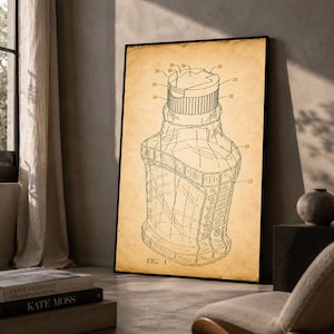 May include: A vertical rectangular print on aged, tan-colored paper featuring a black line drawing of a bottle with a flip-top cap. The technical illustration includes numbered reference points and the text FIG. 1 at the bottom center of the image.