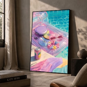 May include: A framed vertical wall art print depicting a translucent pink inflatable pool float on turquoise water. The float holds a purple portable CD player, two CDs, pink sunglasses, and a colorful scrunchie. A pink soda can sits nearby.