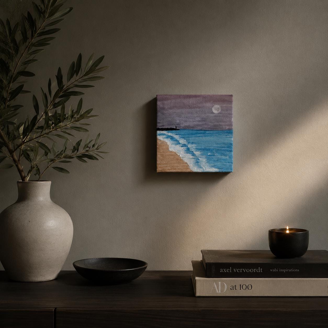 Original Coastal Sunset Painting Small 10x10 cm Acrylic Seascape Moonlit Beach Wall Art - View 3