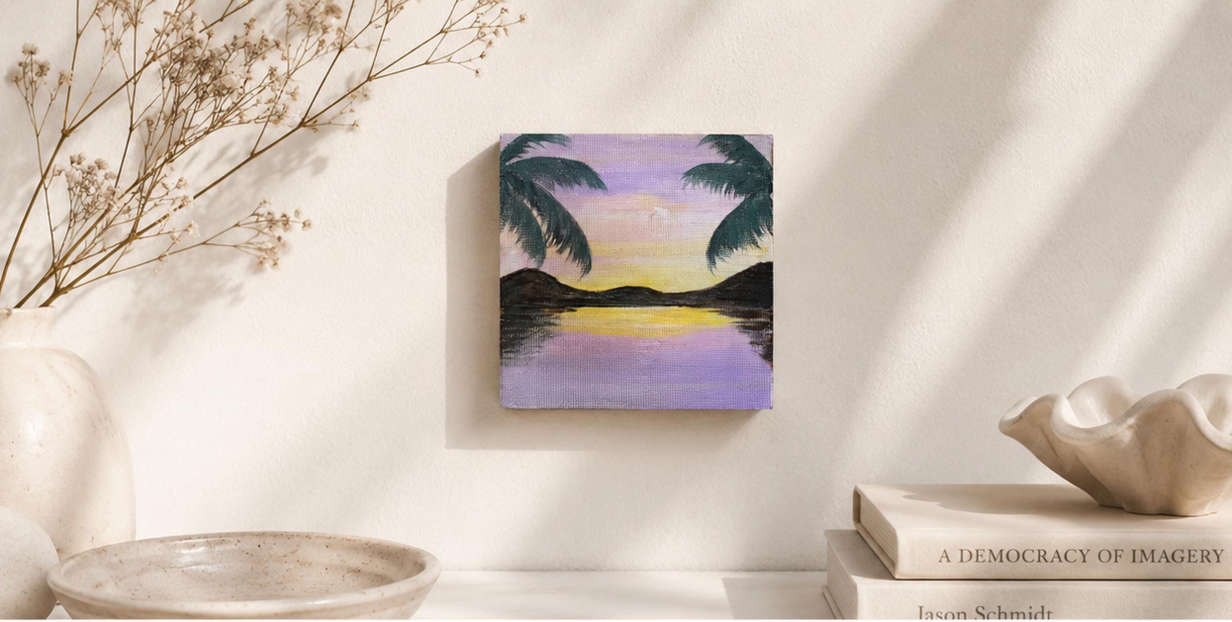 Original Mini Tropical Sunset Painting 10x10 cm Acrylic Landscape Small Coastal Wall Art - View 4