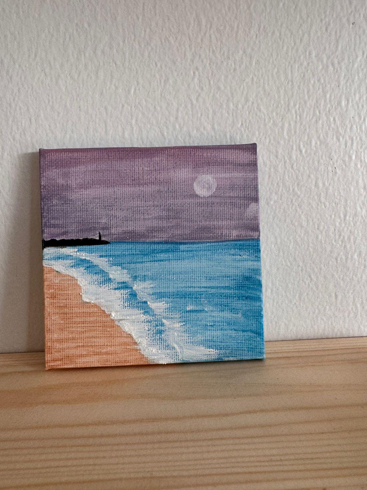 Original Coastal Sunset Painting Small 10x10 cm Acrylic Seascape Moonlit Beach Wall Art - View 4