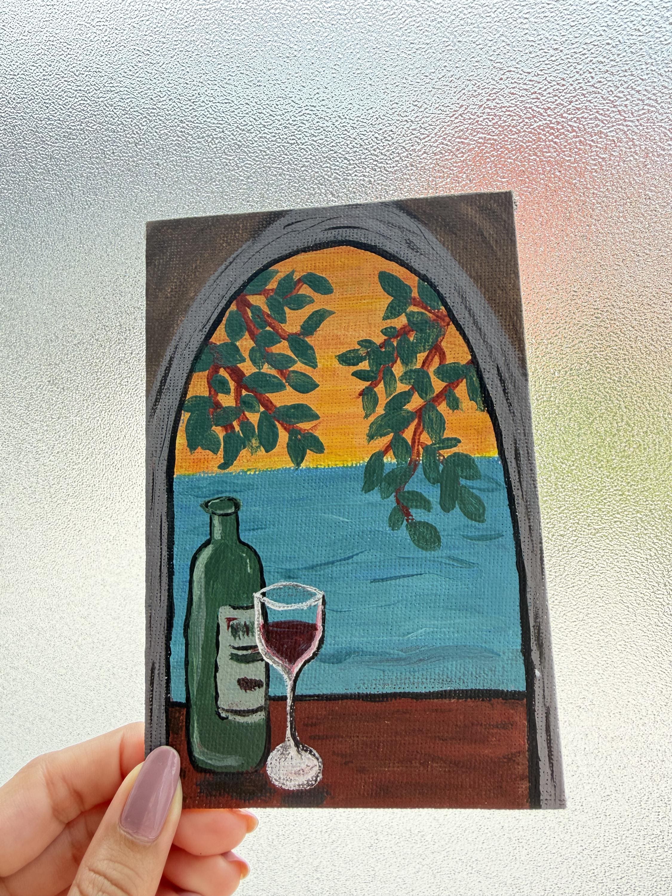 Mediterranean-Inspired Still Life Painting Sunset Window View with Wine Bottle Original Acrylic Artwork - View 3