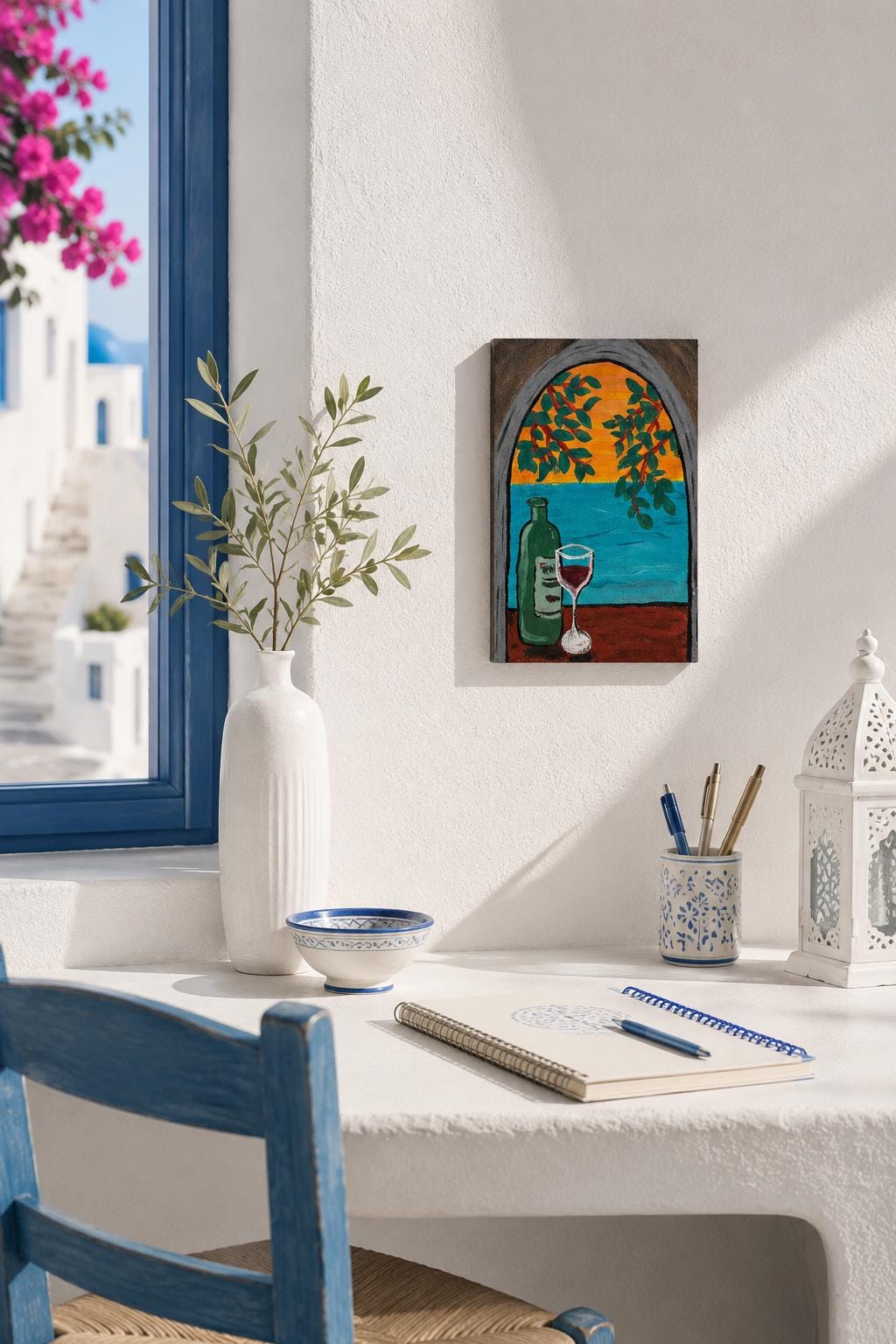 Mediterranean-Inspired Still Life Painting Sunset Window View with Wine Bottle Original Acrylic Artwork - View 2