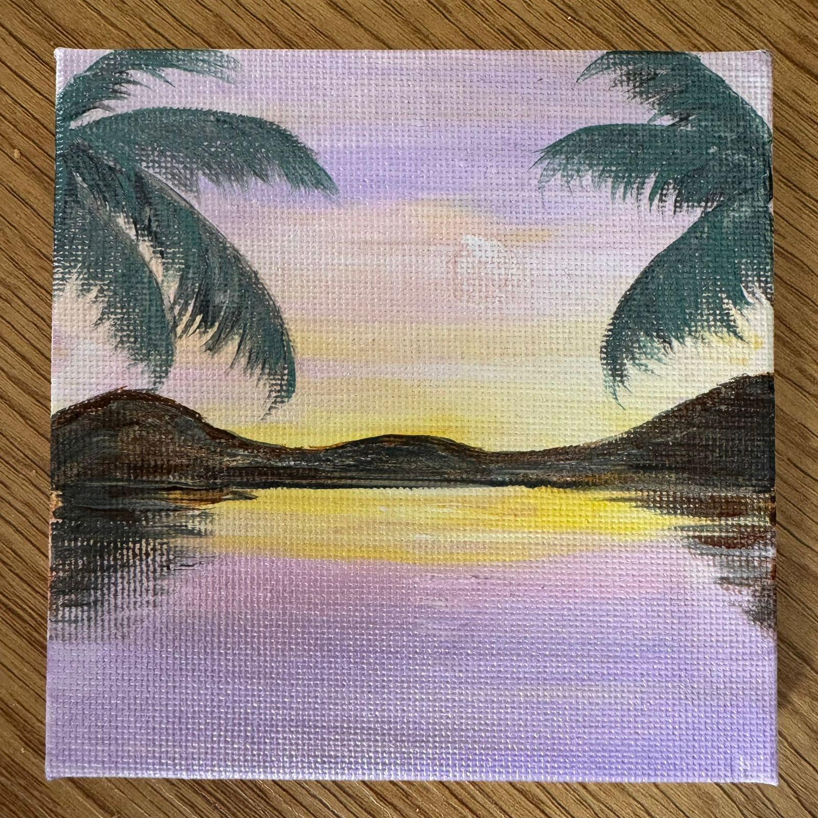 Original Mini Tropical Sunset Painting 10x10 cm Acrylic Landscape Small Coastal Wall Art - View 2