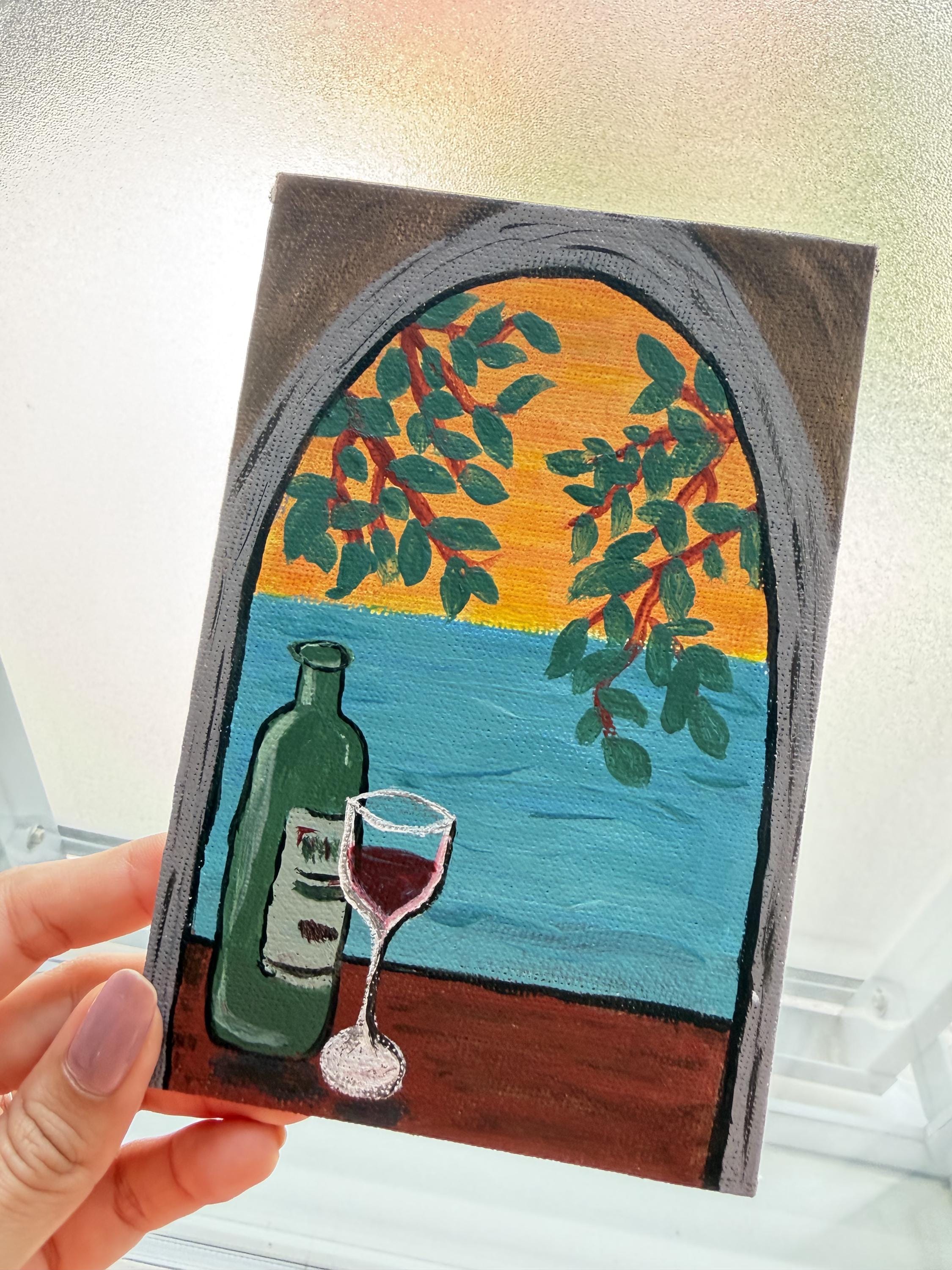 Mediterranean-Inspired Still Life Painting Sunset Window View with Wine Bottle Original Acrylic Artwork - View 1