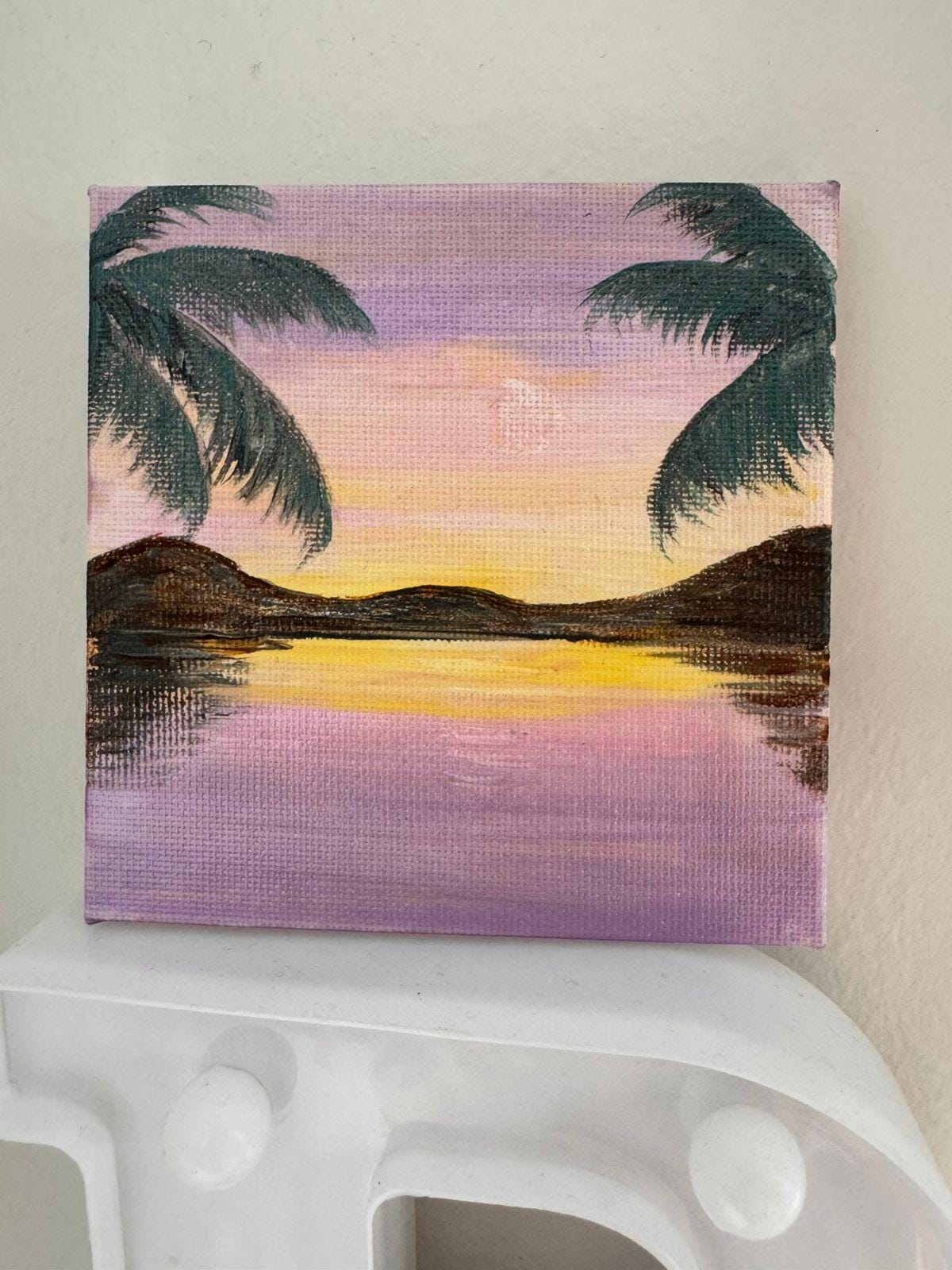 Original Mini Tropical Sunset Painting 10x10 cm Acrylic Landscape Small Coastal Wall Art - View 1