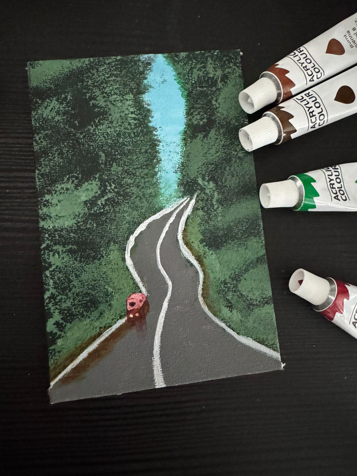 Wanderlane & the Tiny Orange Wanderer β Original Mini Acrylic Forest Road Painting - View 4