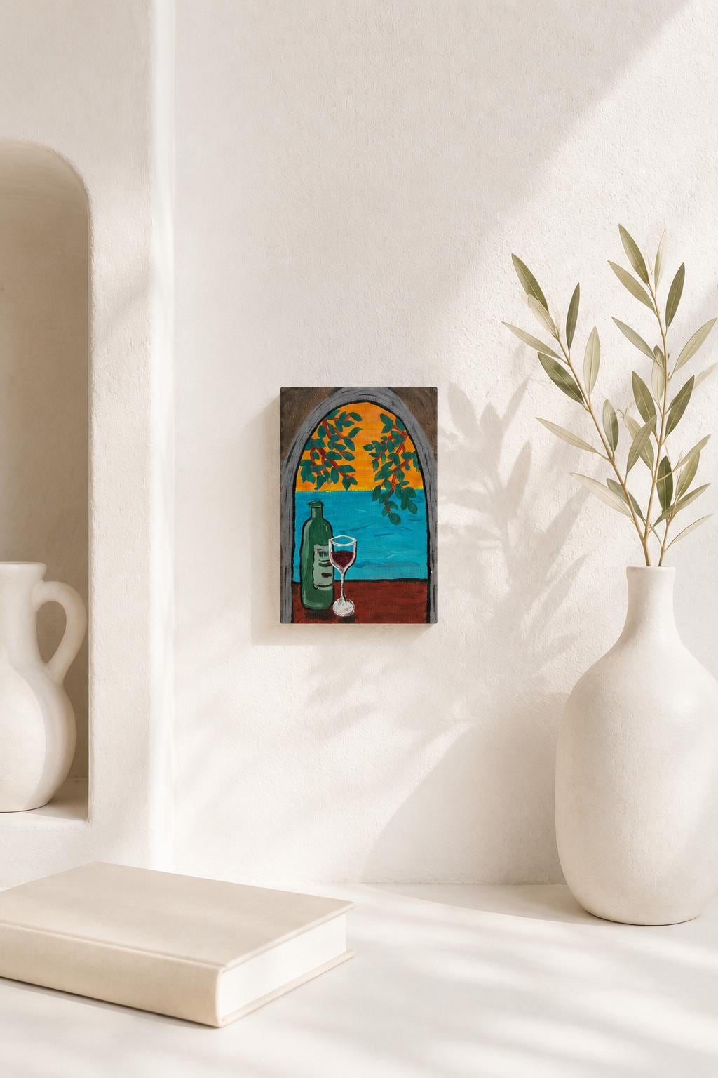 Mediterranean-Inspired Still Life Painting Sunset Window View with Wine Bottle Original Acrylic Artwork - View 4