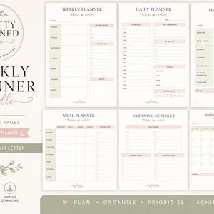 May include: A digital weekly planner bundle featuring six printable pages including a weekly planner, daily planner, habit tracker, meal planner, cleaning schedule, and monthly planner. The pages have a white background with sage green and soft pink accents, featuring text labels for organization and floral leaf illustrations.