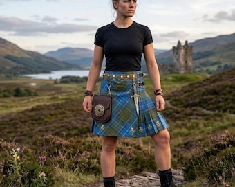 Kilt da donna scozzese blu e verde – Kilt cargo a quadri di alta qualità con tasca e fibbie staccabili – Kilt tradizionale scozzese delle Highlands