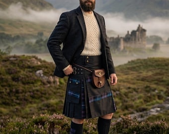 Schwarzer Hybrid Kilt für Herren – Stilvolle Tartan Falten & Cargo-Taschen – Premium Schottischer Kilt für Festivals und den Alltag
