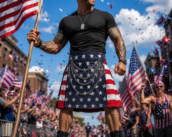 Kilt utilitário masculino com a bandeira americana – Estrelas e listras, bolsos cargo, correntes e roupa para desfile.