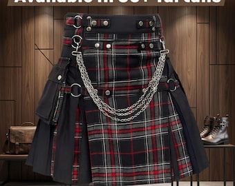 Kilt utilitário híbrido xadrez vermelho – look punk rock streetwear para festivais