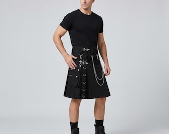 Falda escocesa gótica negra de primera calidad - Falda escocesa cargo moderna para hombre con cadenas plateadas - Falda escocesa estilo cyberpunk punk rock - Regalo único para él