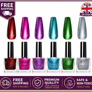 May include: A set of six nail polish bottles in red, pink, purple, blue, green, and silver, each containing 7.5ml of polish. Above each bottle is a corresponding metallic-finish nail swatch. The bottles feature black caps and clear glass.
