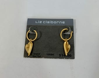 Vintage Deadstock Liz Claiborne Gold Hoop Heart Charm Earrings