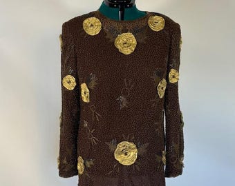 Vintage Brown Beaded Top with Gold Rosettes