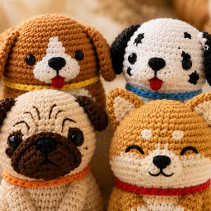 May include: Four crocheted stuffed animal toys shaped like dogs. The collection includes a brown dog with a yellow collar, a white dog with black spots and a blue collar, a tan pug with a dark face and orange collar, and a golden dog with a red collar.