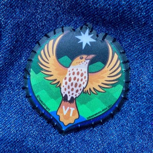 May include: A colorful patch featuring a bird with outstretched wings, a star, and the letters "VT." The bird has orange wings and a white and brown body. The patch is set against a green and black background and is stitched onto a blue denim fabric.