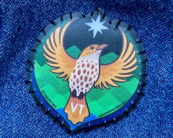 Vermont Rebel Thrush Patch: Dye Sublimation Printed Patch, Heat Applied, State Bird Rebel Alliance, Hermit Thrush VT, Hand-Drawn Design