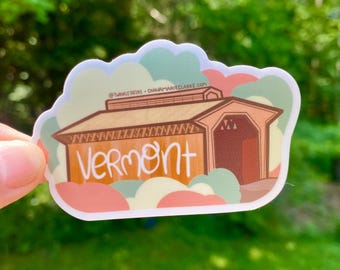Vermont Covered Bridge Sticker: VT Fall Foliage, Railroad Bridge, Hand-Drawn Design, Dishwasher Safe, Weatherproof, and Waterproof