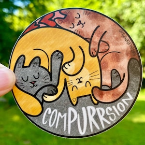 ComPURRsion Vinyl Sticker: Polyamory Pride, Circle Cats, Throuple Gift, Hand-Drawn Design, Dishwasher Safe, Weatherproof, and Waterproof
