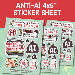 Anti-AI Sticker Sheet: Resist Generative AI, Support Human Artists, Hand-Drawn Stickers, Dishwasher Safe, Weatherproof, and Waterproof