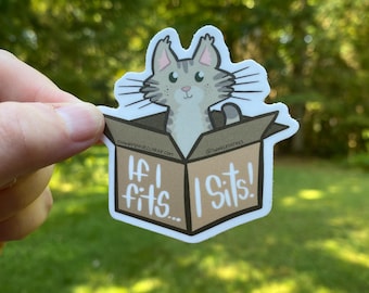 If I Fits, I Sits! Vinyl Sticker: Cat in a Box, Cute Kitty, Hand-Drawn Design, Dishwasher Safe, Weatherproof, and Waterproof