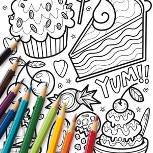 May include: A coloring page featuring a cupcake, a slice of cake, a candy, a cherry, and an ice cream cone. The page is surrounded by colorful pencils.