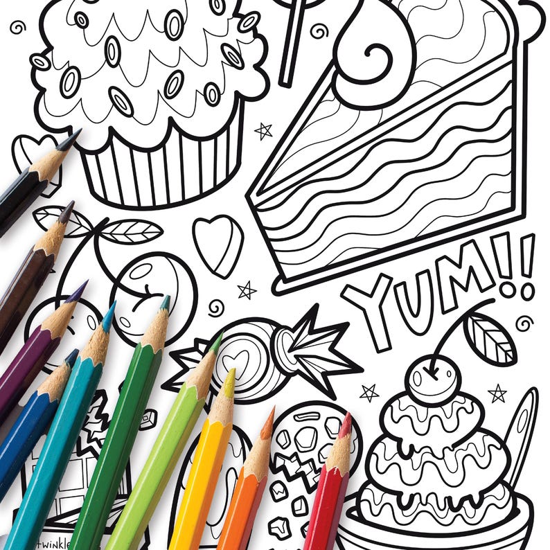 May include: A coloring page featuring a cupcake, a slice of cake, a candy, a cherry, and an ice cream cone. The page is surrounded by colorful pencils.