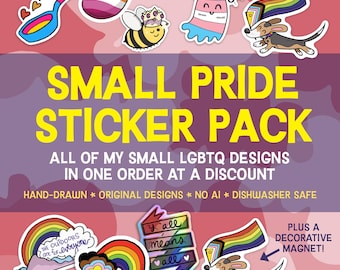 Pride Small Sticker Pack: Gifts for LGBTQ Queers and Allies, Hand-Drawn Design, Dishwasher Safe, Weatherproof, and Waterproof