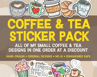 Coffee & Tea Lover Sticker Set: Hand-Drawn Design, Dishwasher Safe, Weatherproof, and Waterproof
