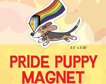 Pride Puppy Small Magnet, Dog with Intersex Inclusive Pride Rainbow, LGBTQ Pride Magnet, Cute Queer Decorative Magnet, Pride Month Gift